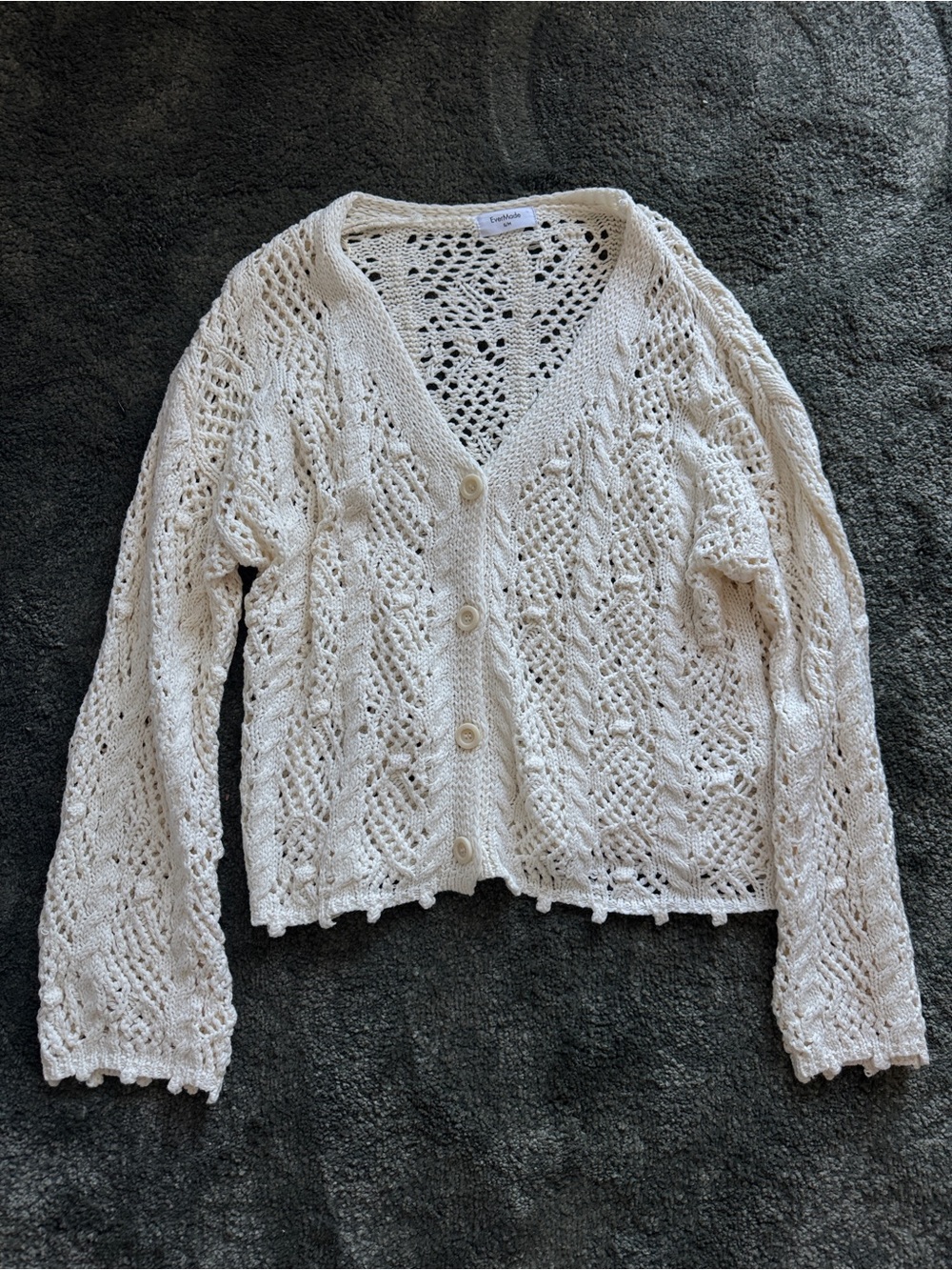 Openwork Crochet Button-Front Cardigan - Cream